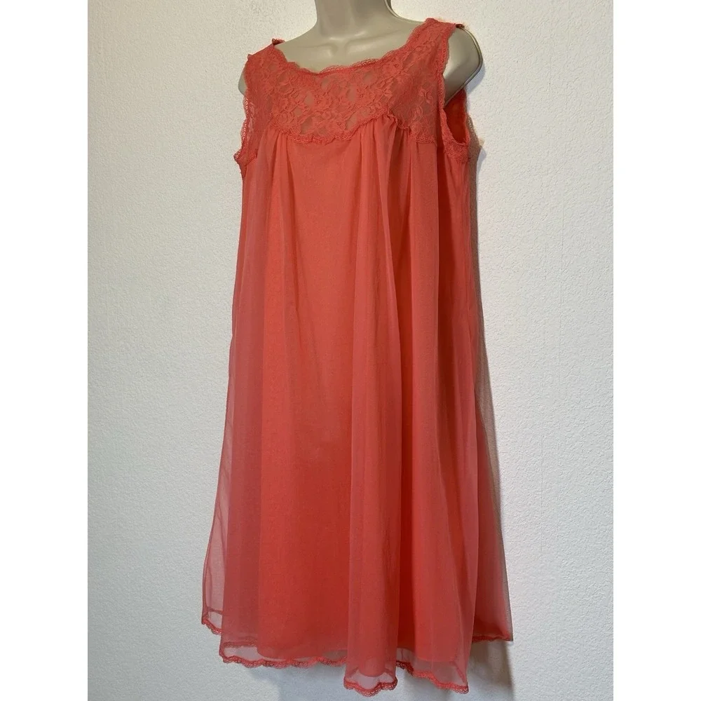 Vtg Gossard Artemis Orange Chiffon Nightgown Sleeveless Womens Small Lace Detail